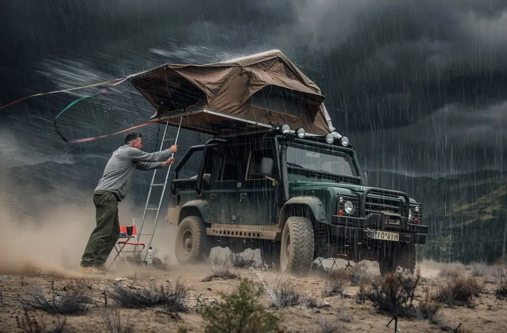 Tente de toit sur un 4x4 exposée aux intempéries en montagne