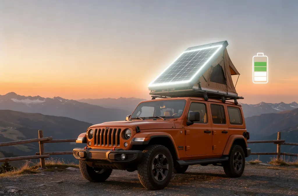 Véhicule 4x4 avec tente de toit et panneau solaire, illustrant la consommation énergétique optimisée.