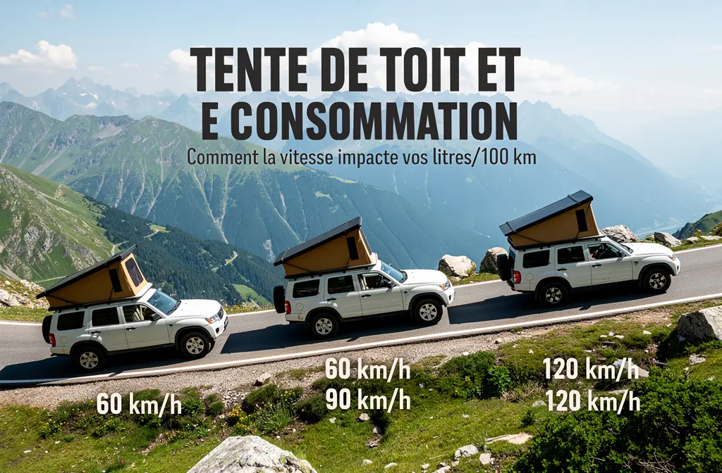 SUV équipé d'une tente de toit roulant sur route de montagne pour illustrer l'impact de la vitesse sur la consommation.