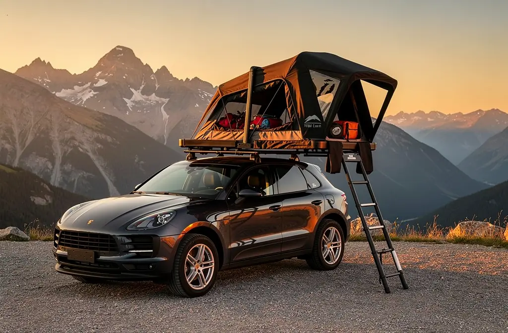 Tente de toit noire déployée sur un SUV en montagne au coucher du soleil
