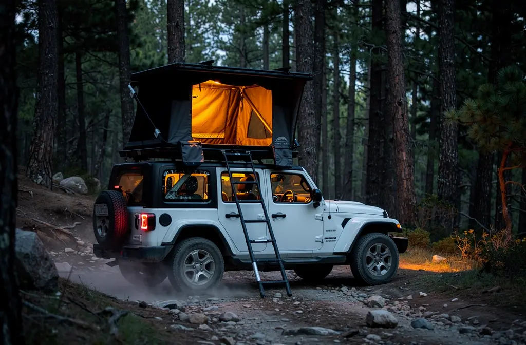 Tente de toit rigide déployée sur un 4x4 en pleine nature au crépuscule.