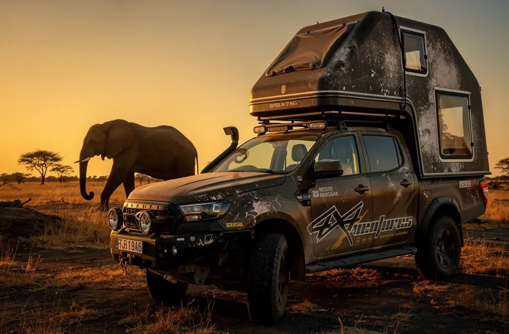 Tente de toit rigide déployée sur un 4x4 en pleine savane africaine au coucher du soleil.