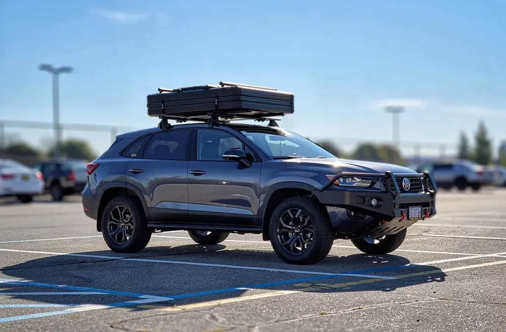 Tente de toit rigide fermée installée sur le toit d'un SUV.