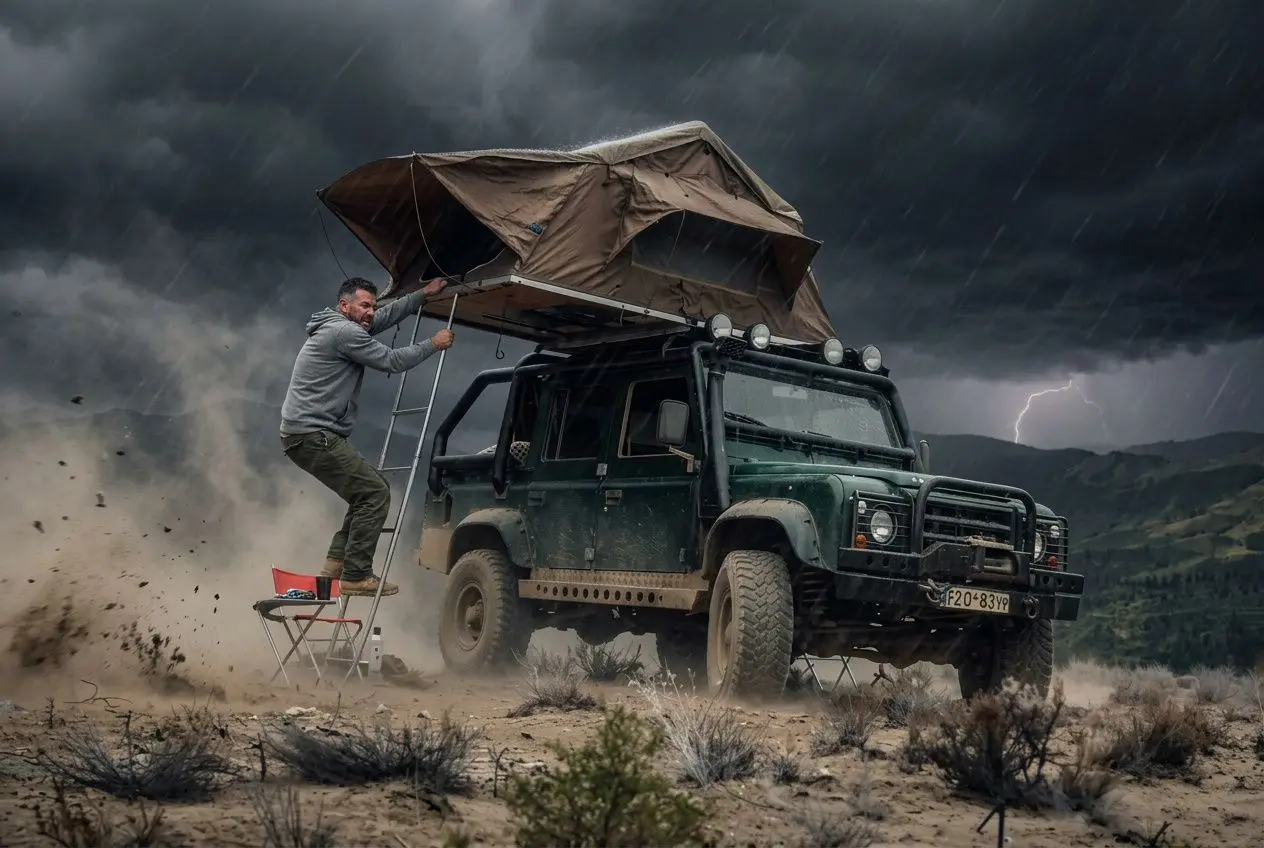 Homme tentant de fermer une tente de toit sur un 4x4 sous une tempête violente avec pluie battante et vent fort.
