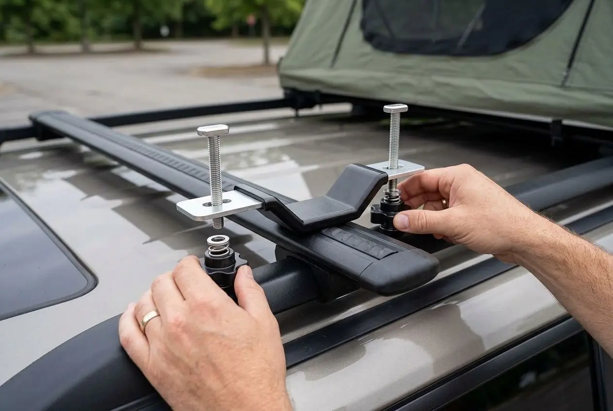 Installation d’un kit de fixation rapide tente de toit sur le toit d’un véhicule, avec outils et vis à serrer.
