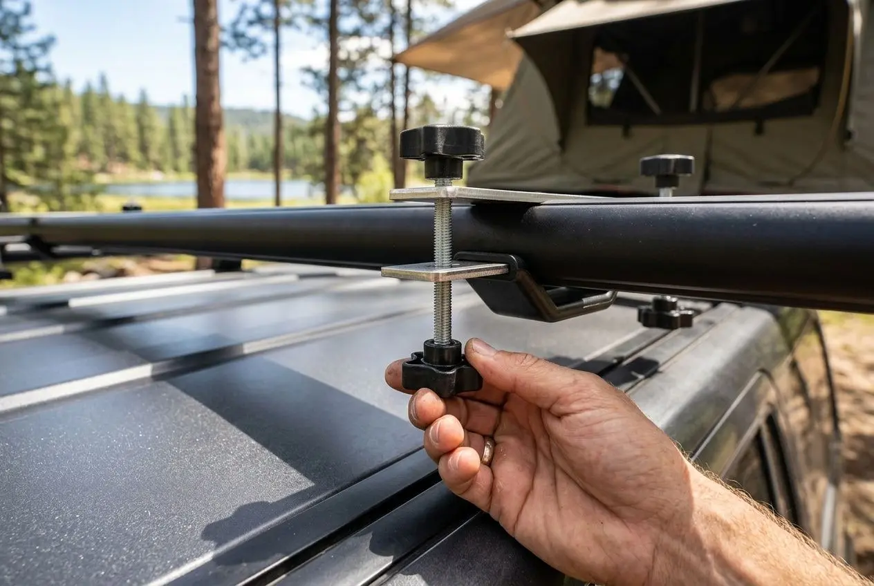 Installation d’un système de fixation pour tente de toit sur camping-car, avec manchon et écrou vissé par une main.