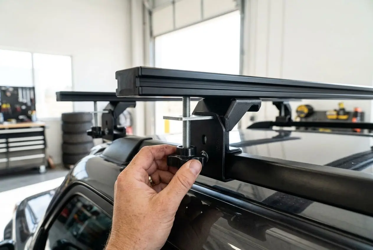 Installation d’une fixation rapide pour tente de toit sur le toit de véhicule, ajustement manuel d’un bras et vis de réglage.