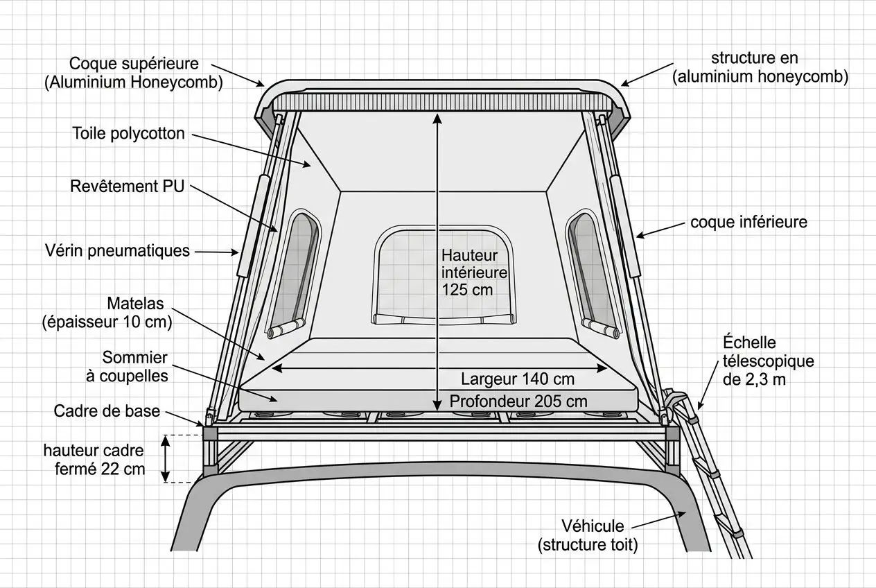 Plan détaillé d’un van avec toit relevable: cône supérieur et structure en aluminium honeycomb, intérieur 125 cm de hauteur, large 140 cm, profondeur 205 cm.