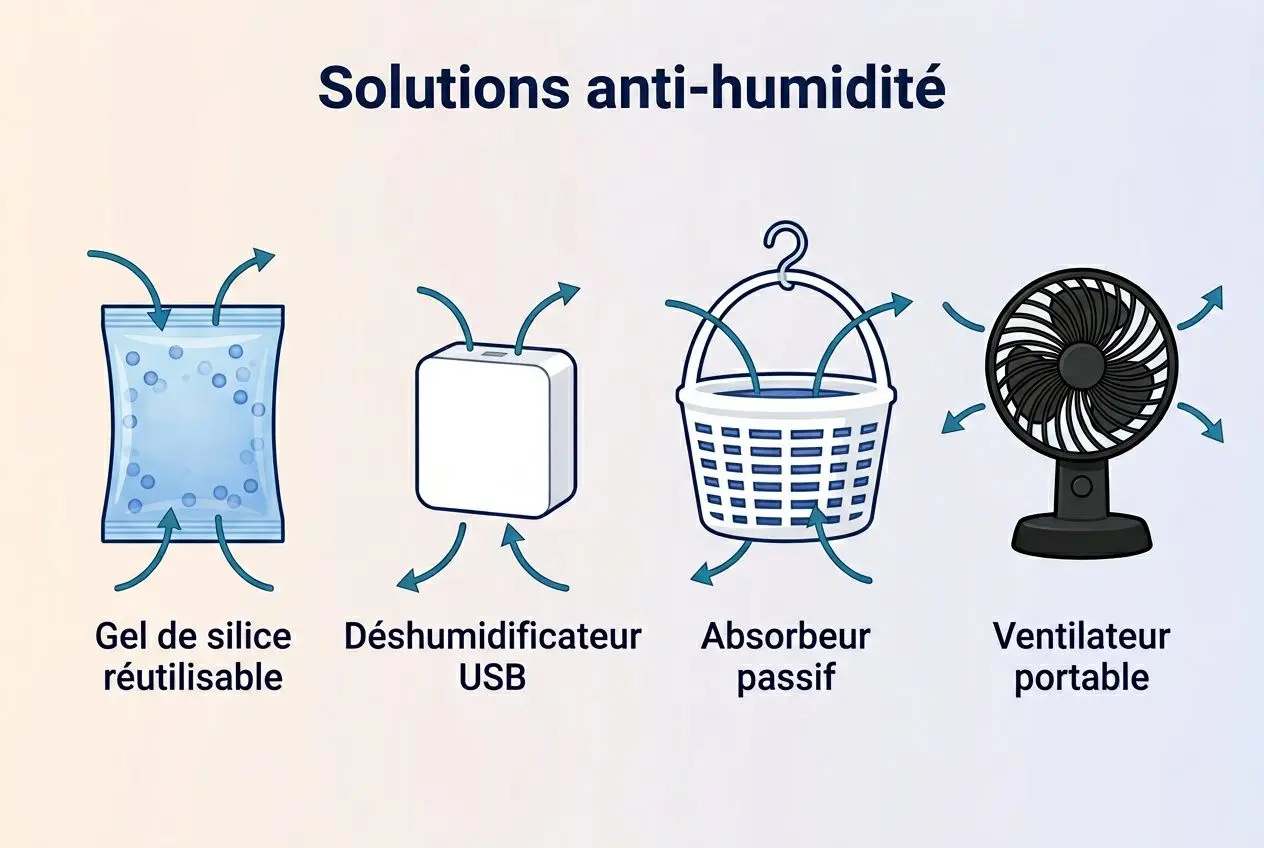 Solutions anti-humidité montrant: sachet de gel de silice réutilisable, déshumidificateur USB, absorbant passif et ventilateur portable, liés à la condensation tente de toit