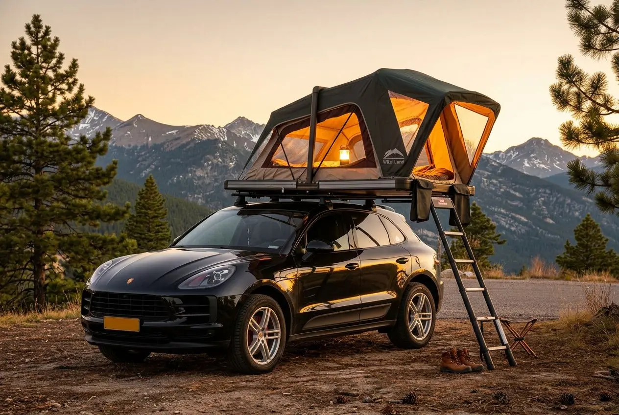 Tente de toit 2 places ouverte sur un SUV noir en montagne au coucher du soleil.