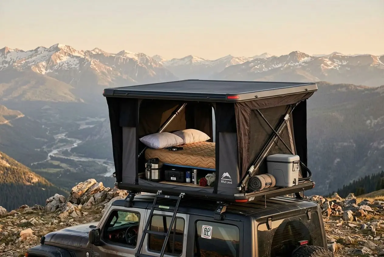 Tente de toit pour camping car installée sur le toit d’un véhicule tout-terrain, avec couchage et équipements visibles, cadre montagneux.