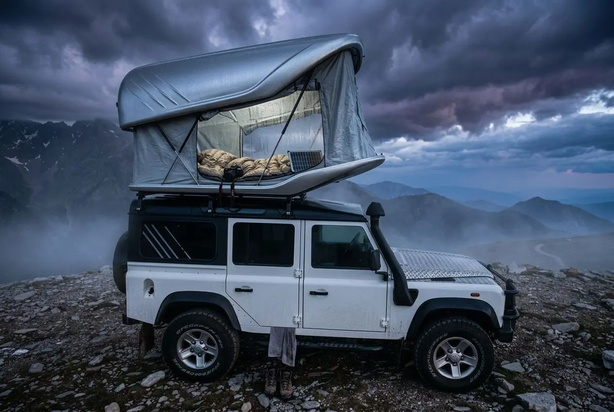 Tente de toit coque rigide ouverte sur un 4x4 en montagne par temps nuageux et humide.