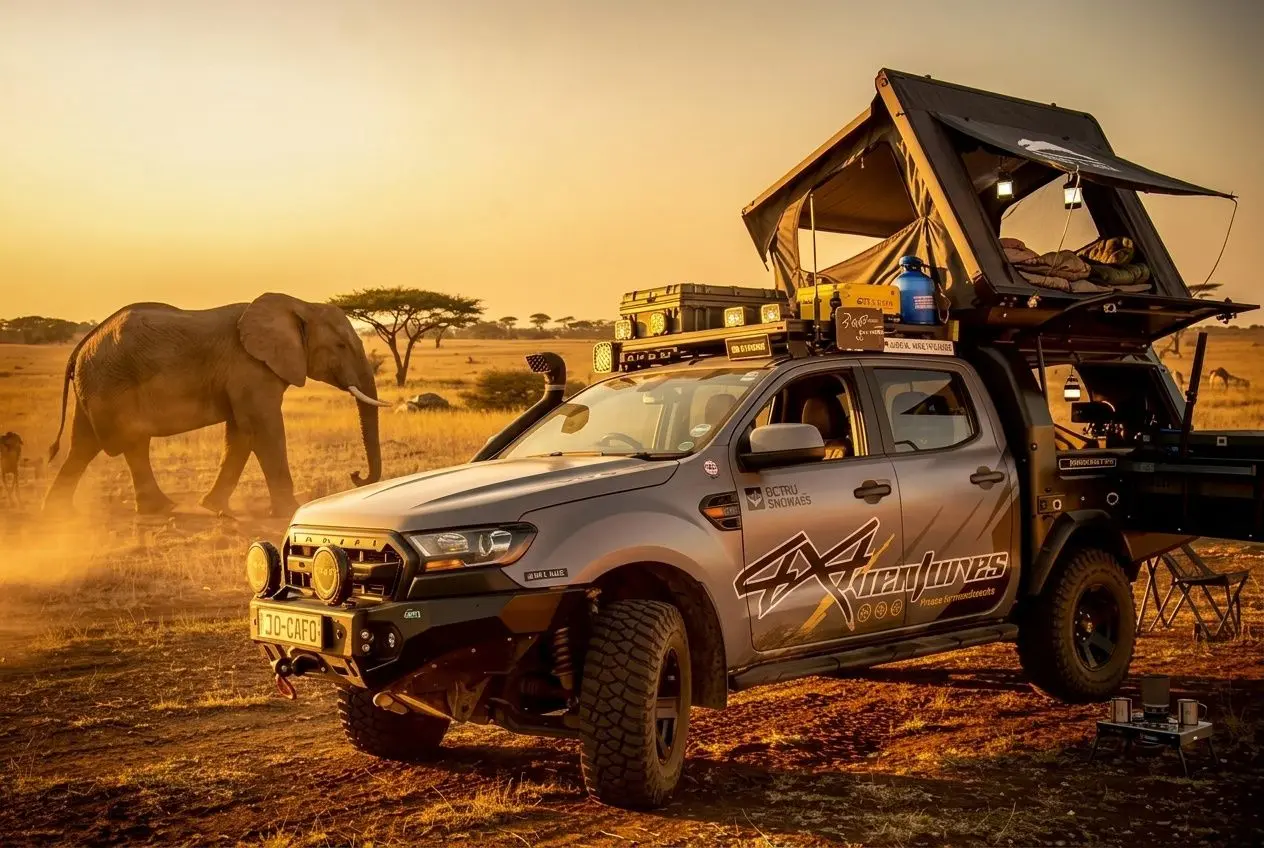 Tente de toit déployée sur un 4x4 en safari au coucher du soleil avec un éléphant en arrière-plan.