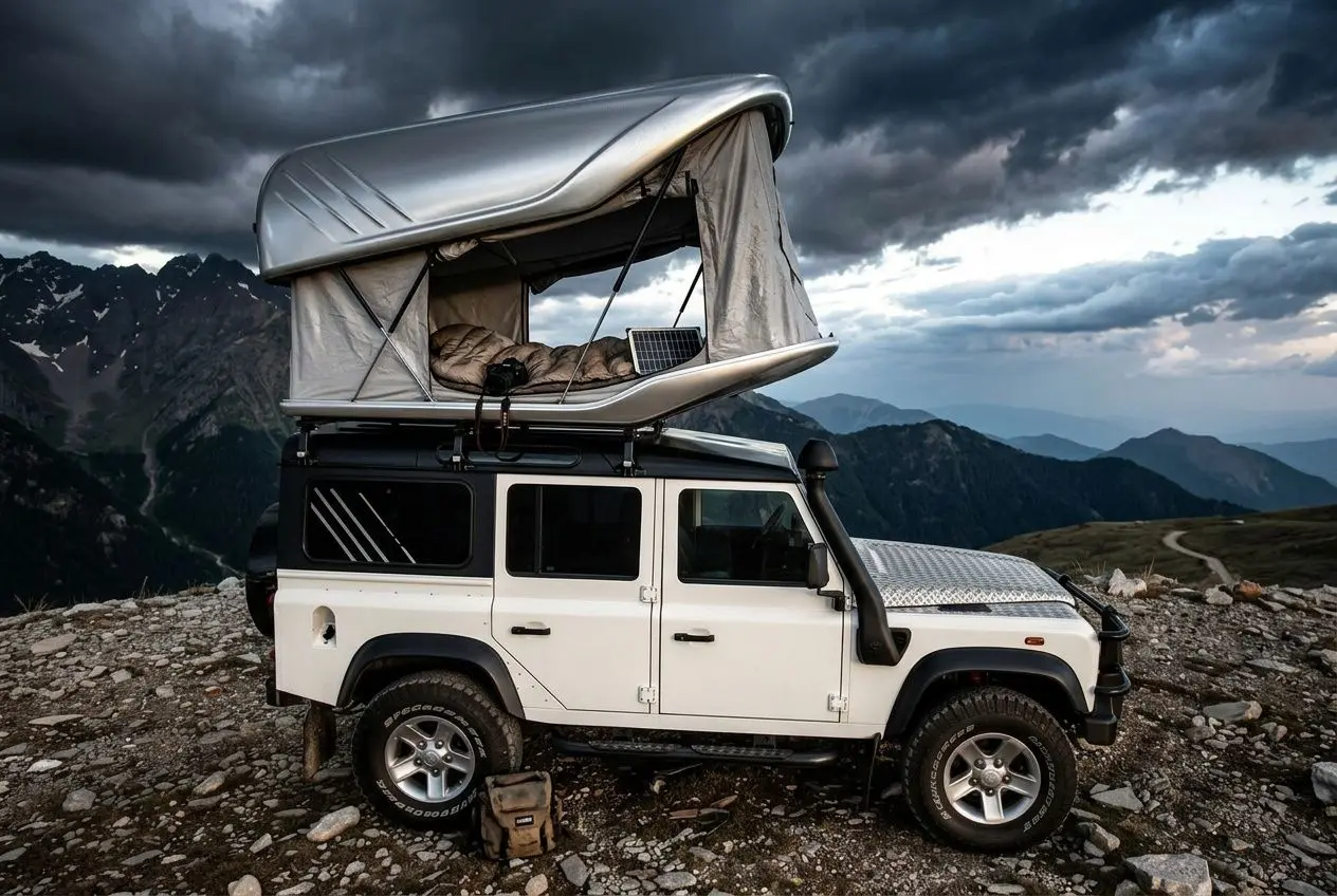 Tente de toit ouverte sur un 4x4 blanc isolé en montagne sous un ciel orageux, soulignant les risques de sécurité et de vol.