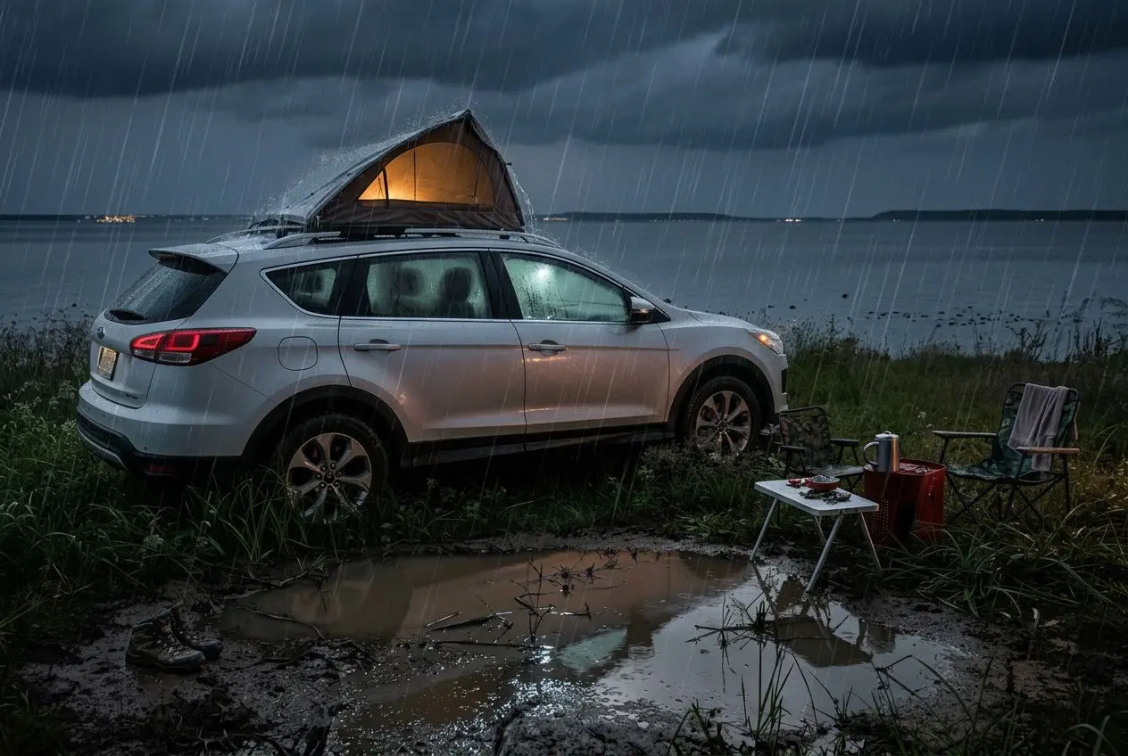 Tente de toit ouverte sous une pluie battante sur un SUV garé dans la boue au bord d'un lac.