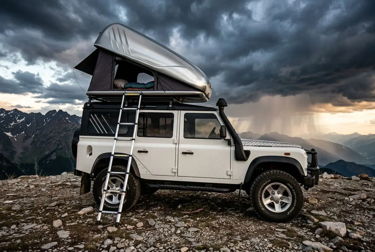 Tente de toit rigide ouverte sur un 4x4 blanc au sommet d'une montagne rocheuse sous un ciel orageux.