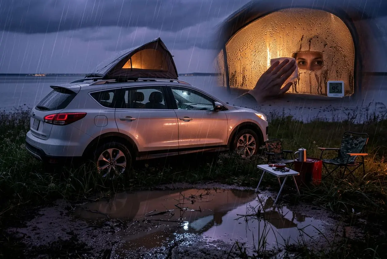 Tente de toit sur un SUV sous la pluie au bord d'un lac, illustrant le problème de condensation.