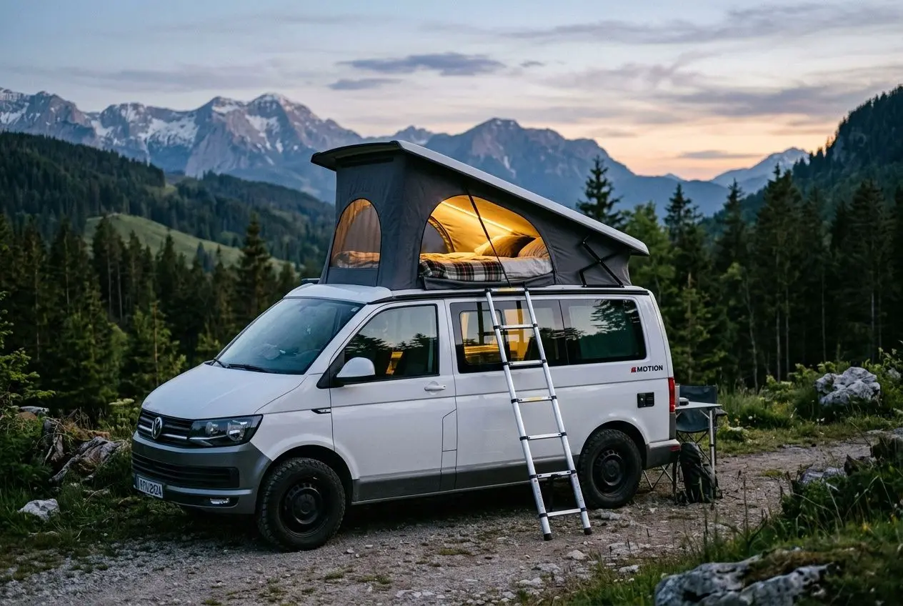 Van aménagé avec toit relevable déployé sur un terrain rocheux, montagne et forêt en arrière-plan, échelle et lumière chaude à l’intérieur.