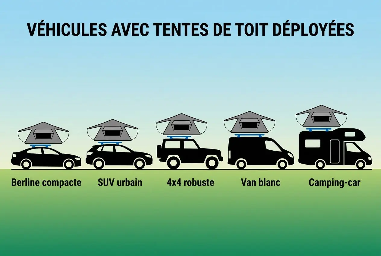 Véhicules avec tentes de toit déployées sur différents modèles: berline compacte, SUV urbain, 4x4 robuste, van blanc et camping-car.
