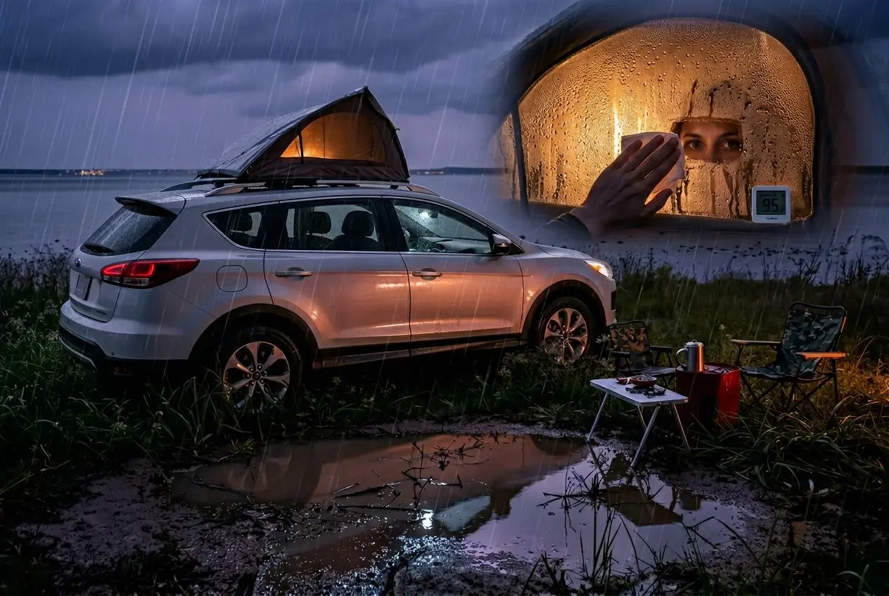 Voiture SUV garée à côté d’une tente de toit ouverte sous la pluie, avec une grande tente de toit translucide et une personne à l’intérieur, préservant la chaleur. Condensation tente de toit et lumière chaude à l’intérieur.