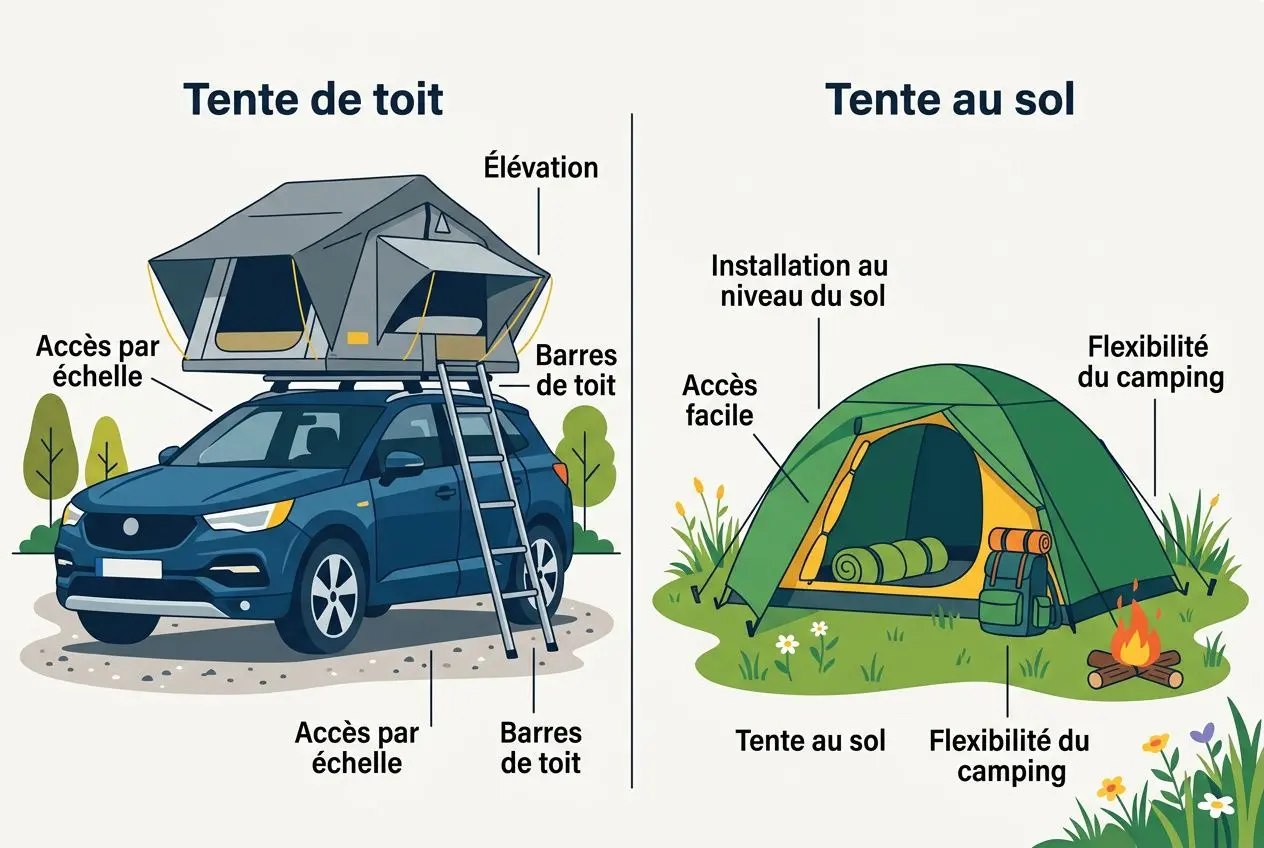 Alt text: Tente de toit montée sur véhicule avec échelle et barres de toit, juxtapose Tente au sol avec tente et feu de camp, indiquant comparaison des accès et mobilité. intégrant le concept tente de toit inconvénient.