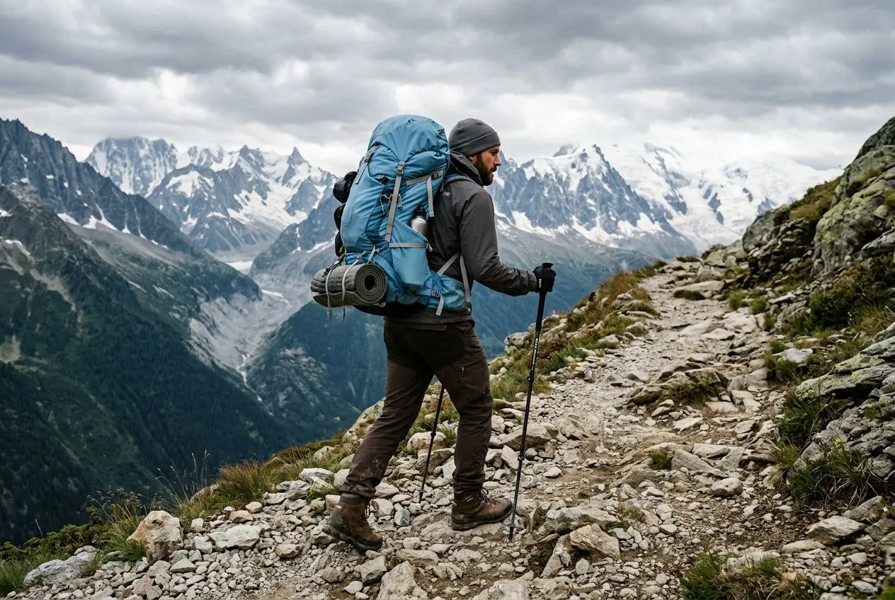 Homme randonneur avec grand sac à dos sur un sentier rocheux en montagne, paysage alpin avec neige au loin. inconvénients d'une tente dôme
