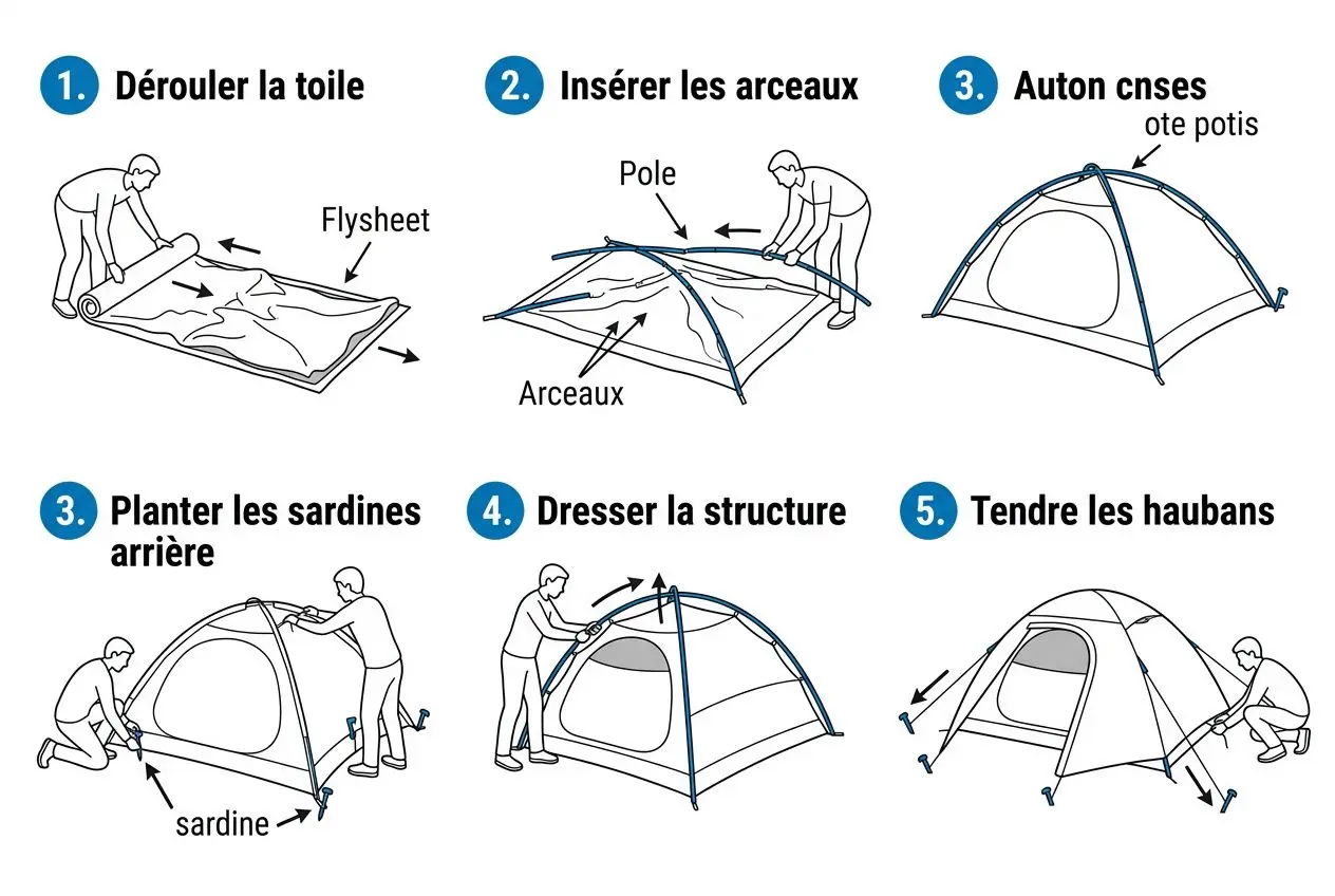 Monter une tente tout seul: étapes illustrées pour déplier, insérer les arceaux, assemb г ler la structure et tendre les haubans.