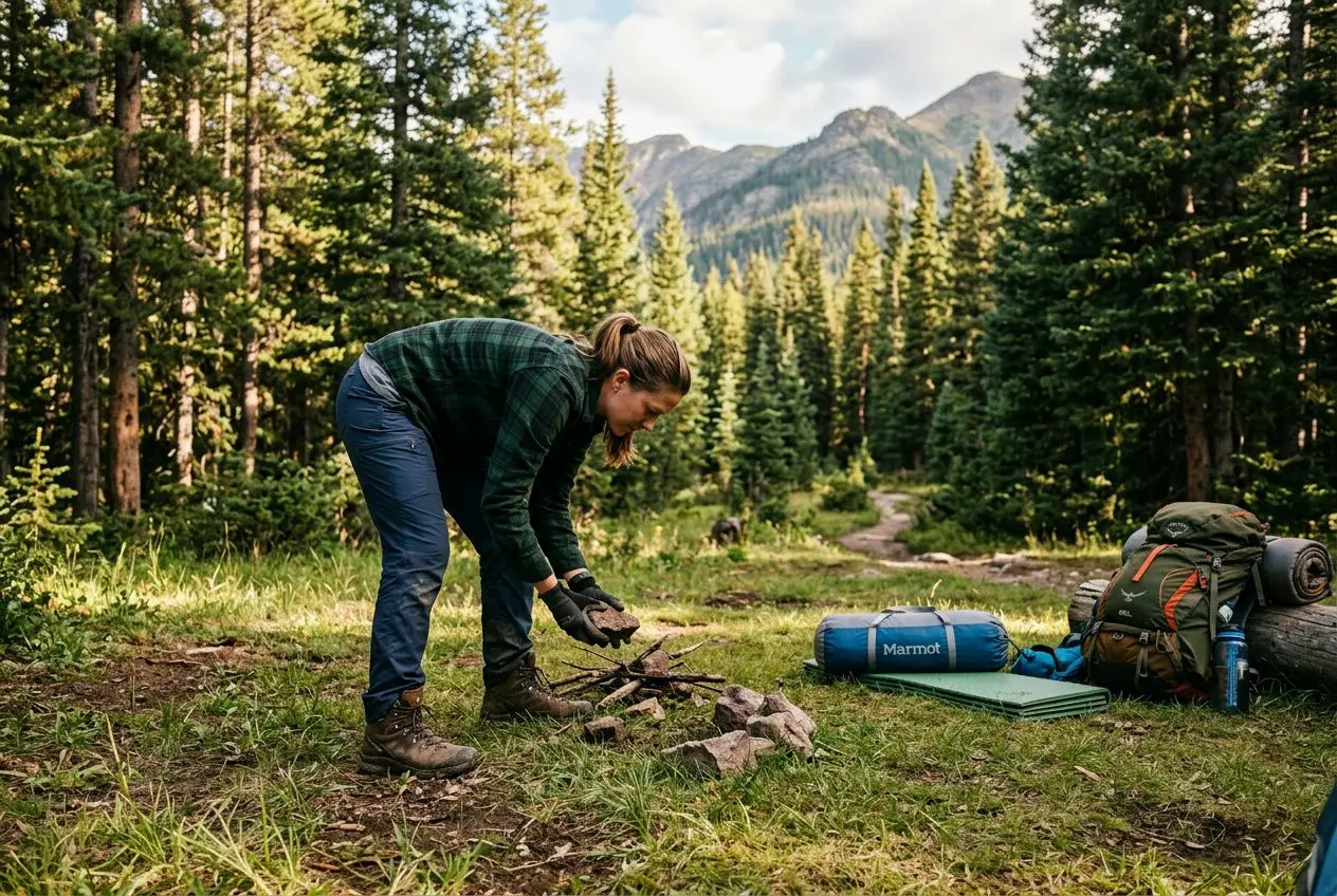 Personne montant un feu de camp au milieu d’une forêt, avec matériel de camping et sac à dos à proximité. Monter une tente tout seul est illustré par l’installation en extérieur.