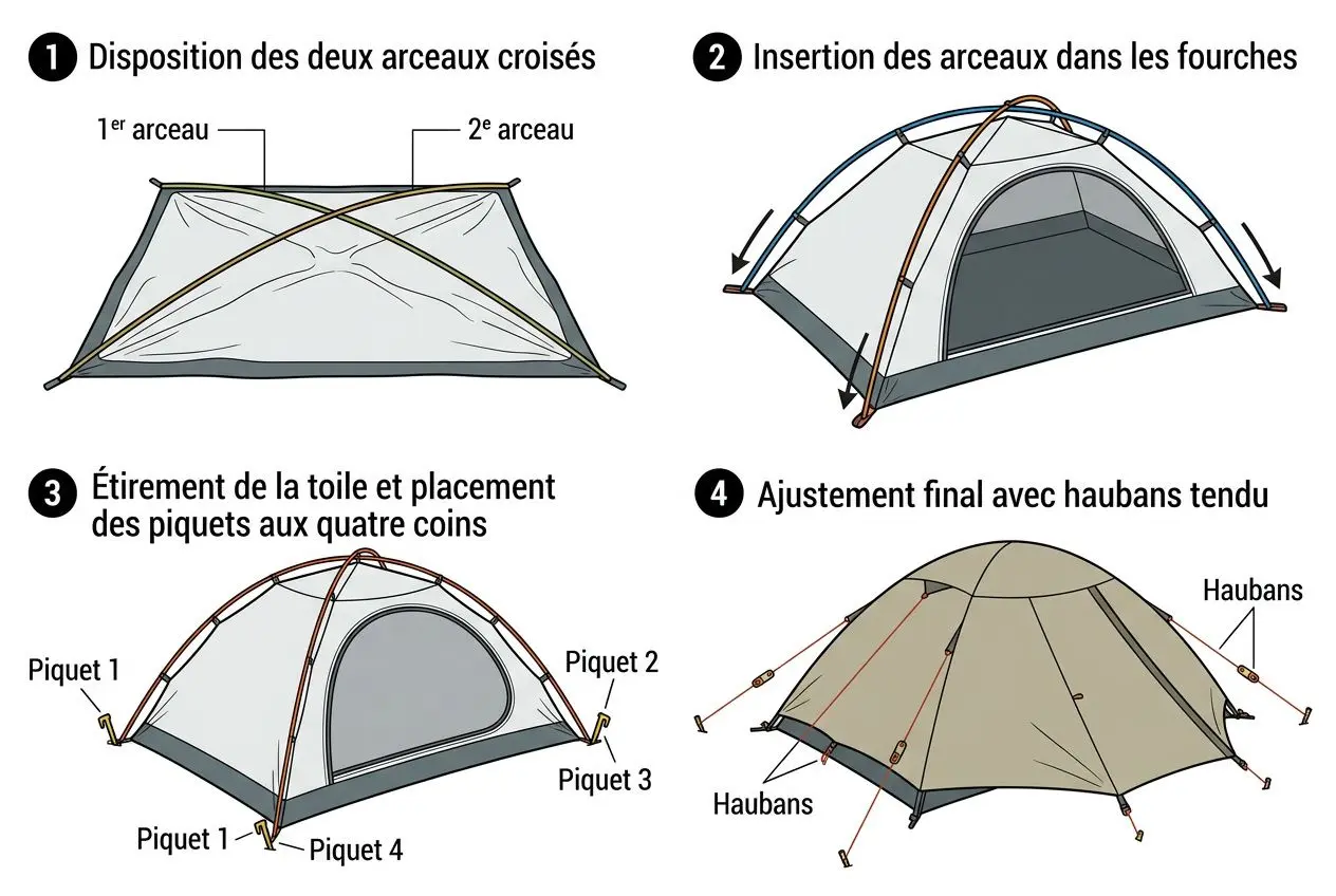 Schéma démontrant les inconvénients d'une tente dôme : disposition des arceaux croisés, insertion des arceaux dans les fourches, étirement de la toile et ajustement final avec haubans tendus.