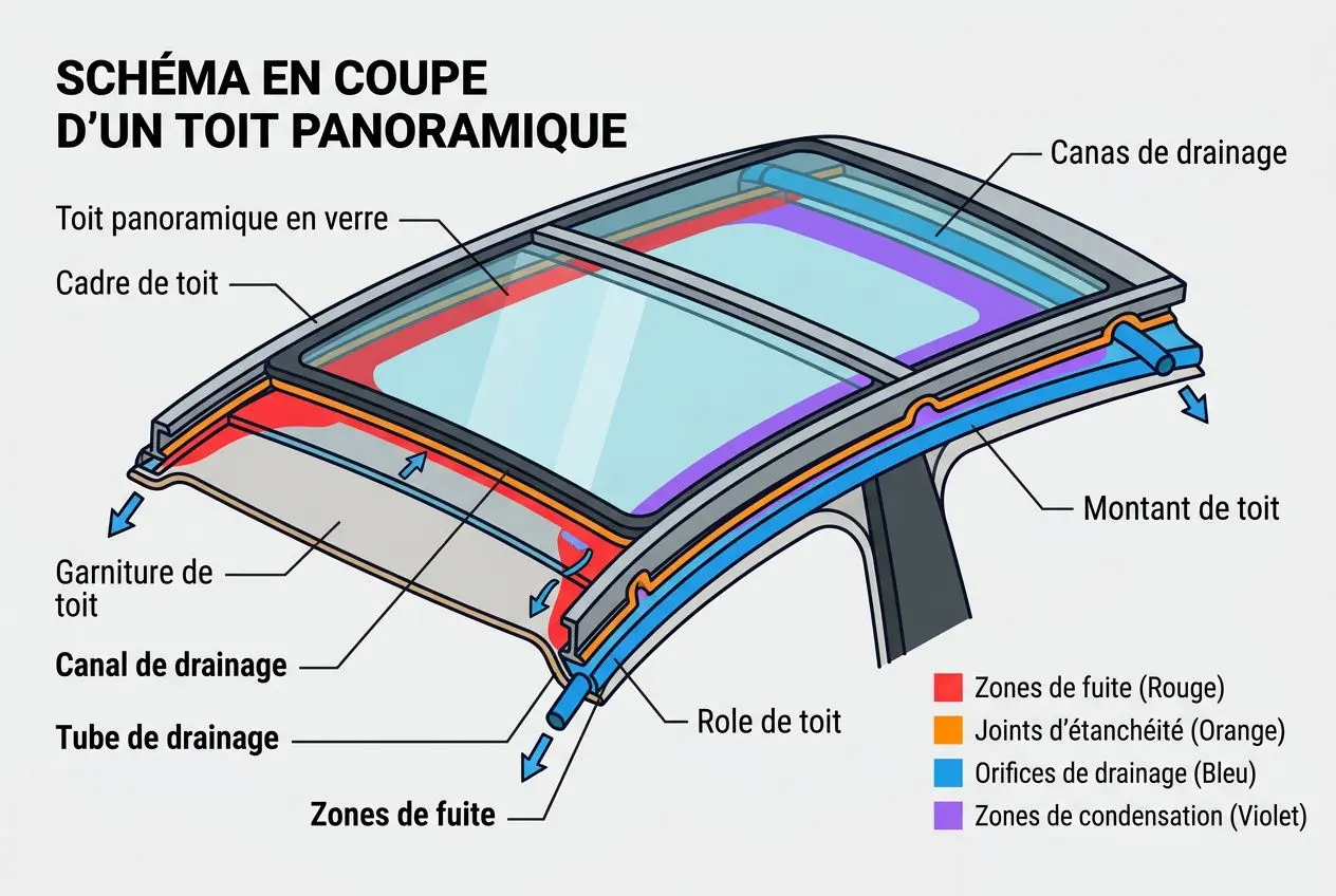 Schéma d’un toit panoramique en coupe montrant les composants: cadre, vitrage, canaux et tubes de drainage, montants de toit et zones de fuite. inconvénients d'un toit panoramique mentionnés.