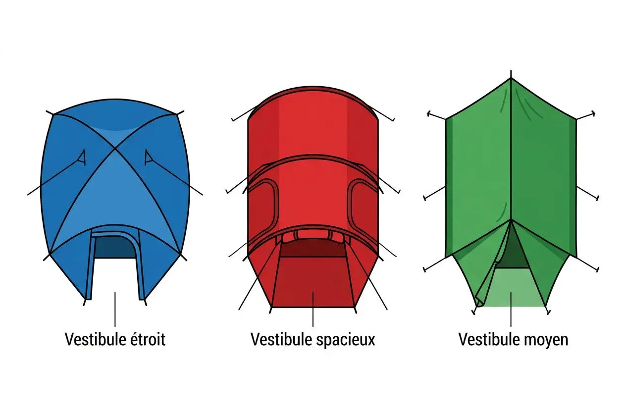 Schéma montrant trois types de tentes: vestibule étroit (bleue), vestibule spacieux (rouge) et vestibule moyen (verte), avec indications des ouvertures et formes. inconvénients d'une tente dôme intégrée.