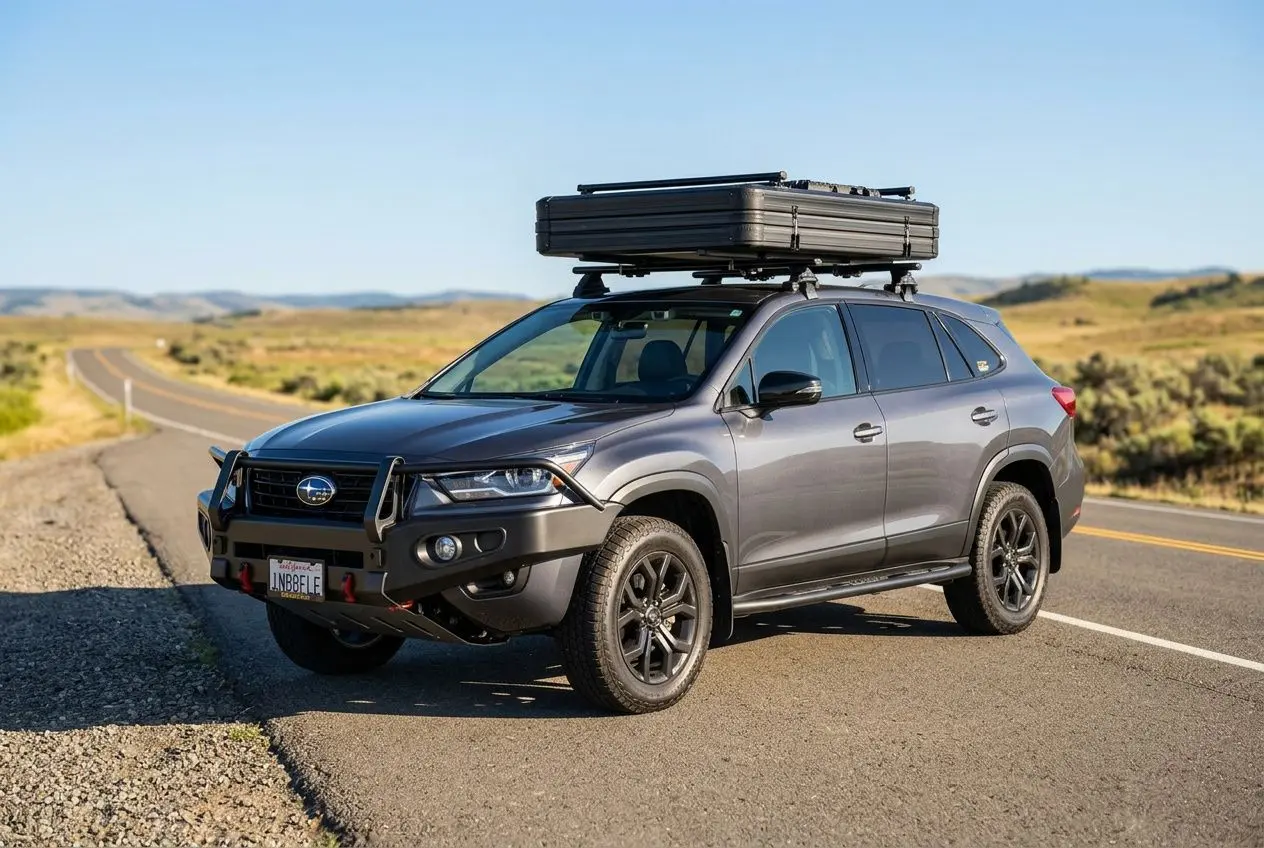 SUV Subaru avec une tente de toit rigide fixée sur le toit, sur une route dégagée en paysage désertique. Poids tente de toit rigide charge à considérer pour véhicule.