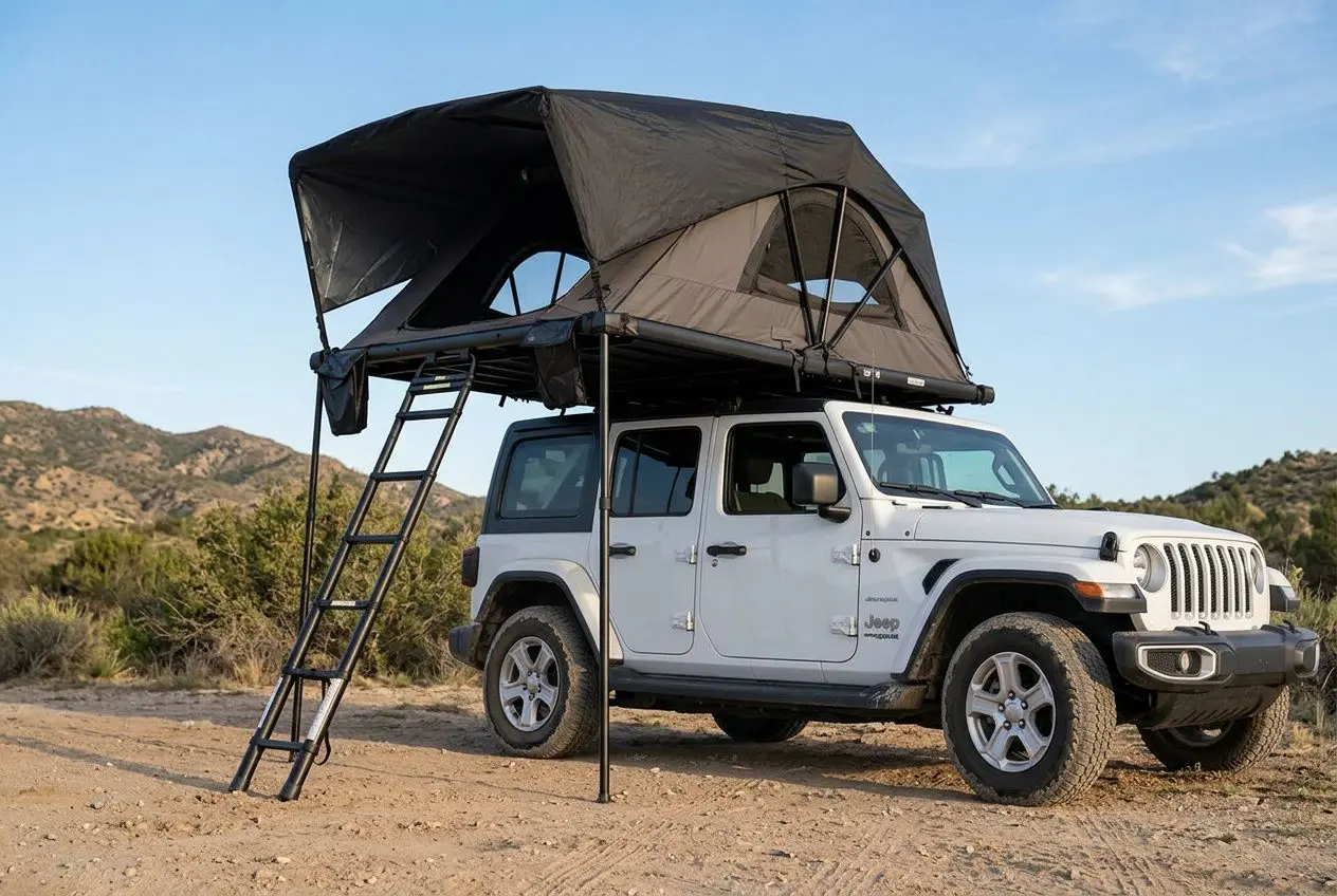 Tente de toit installée sur un 4x4 blanc, avec escalier latéral et abri surélevé, dans un paysage aride. L’inconvénient est pensé pour évaluer votre véhicule.