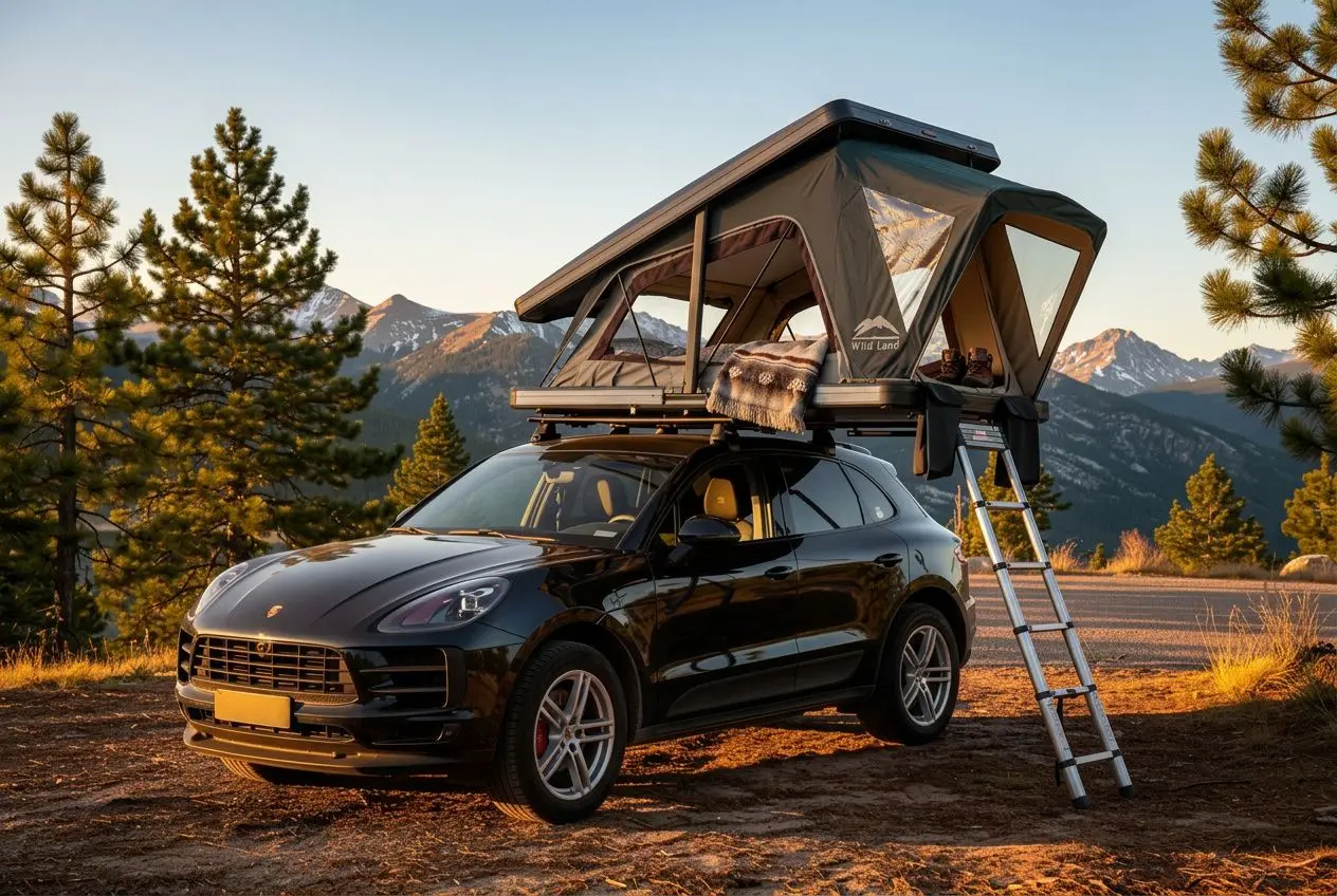 Tente de toit rigide ouverte sur le toit d’un SUV noir, ladder déployée, paysage montagneux au coucher du soleil, poids tente de toit rigide charge.