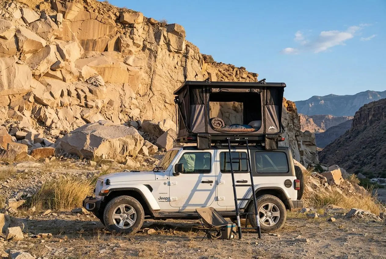Voiture tout-terrain avec toit relevable en camping, cadre rocheux aride et ciel clair en arrière-plan. inconvénients d'un toit panoramique intégrés naturellement.
