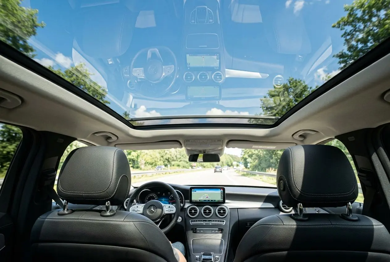 Vue d’intérieur d’une voiture avec toit panoramique ouvrant, sièges noirs en cuir et tableau de bord moderne. inconvénients d'un toit panoramique intégrés: lumière et chaleur accrues, bruit extérieur et risques éventuels de fuites.