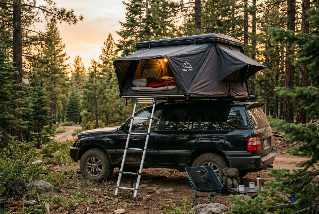 Grande tente de toit familiale installée sur un SUV en forêt au coucher du soleil, accès échelle et espace de couchage montés sur le toit.