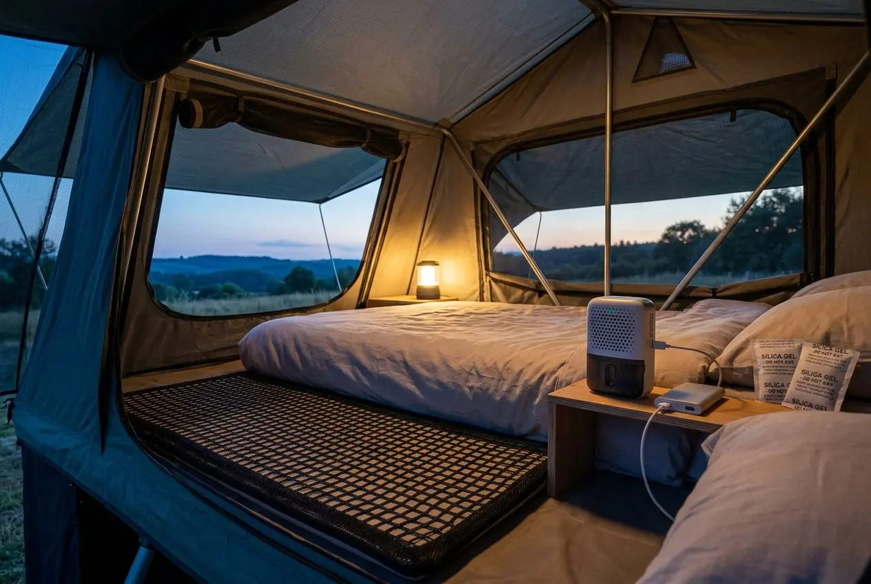 Grande tente de toit familiale : intérieur lumineux avec lit double, espace de rangement et petit appareil électroménager sur une table, vue extérieure au coucher du soleil.