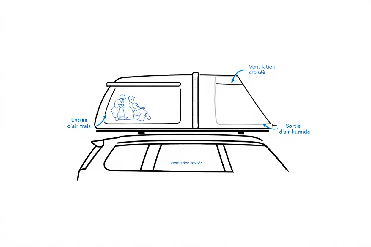 Illustration d'une tente toit rigide sur un véhicule avec ventilation croisée, entrée d'air frais et sortie d'air humide pour éviter la condensation et l'humidité.