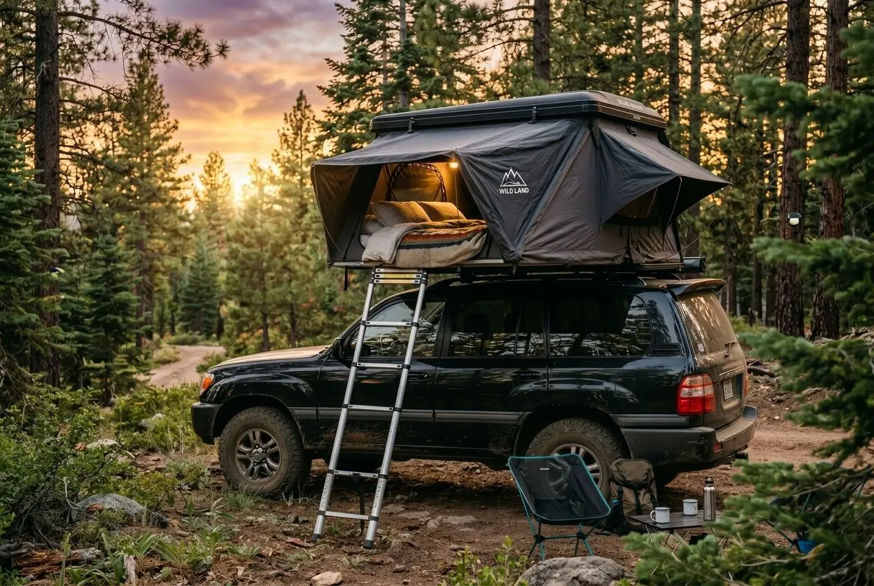 Meilleure tente de toit souple installée sur un SUV en plein air, avec échelle et tente déployée, forêt et coucher de soleil en arrière-plan.