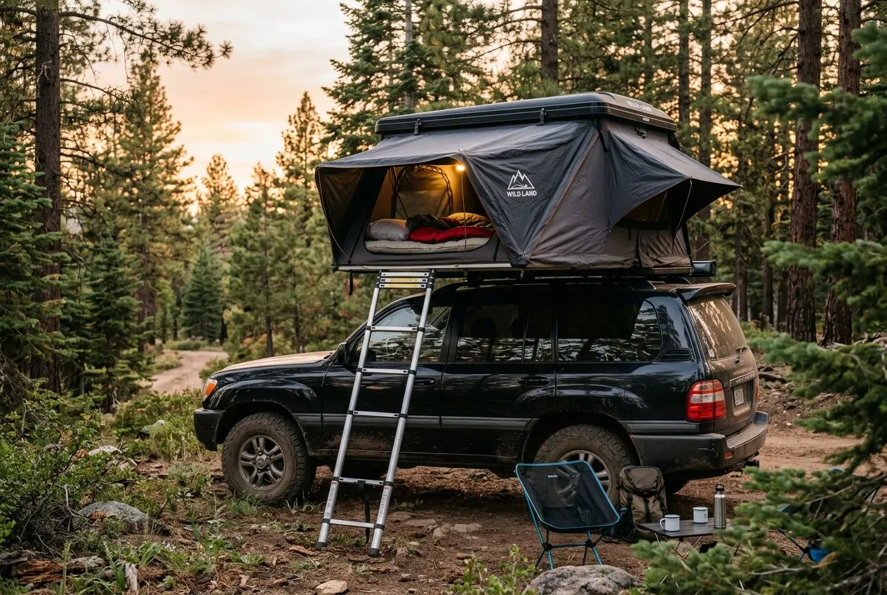 Tente de toit gonflable installée sur un SUV en forêt, avec échelle et espace de couchage à l’intérieur.