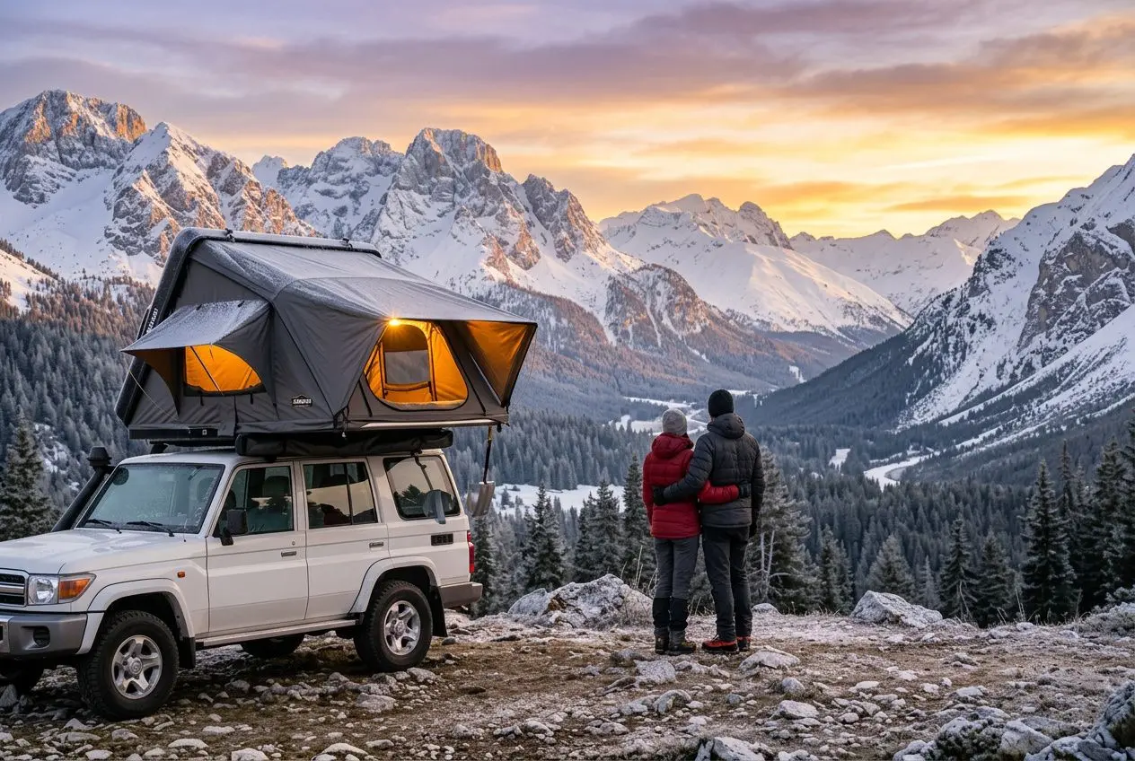 Camping avancé: tente de toit rigide installée sur un SUV en pleine montagne enneigée, coucher de soleil et deux voyageurs admirant le panorama. Meilleure tente de toit hiver.