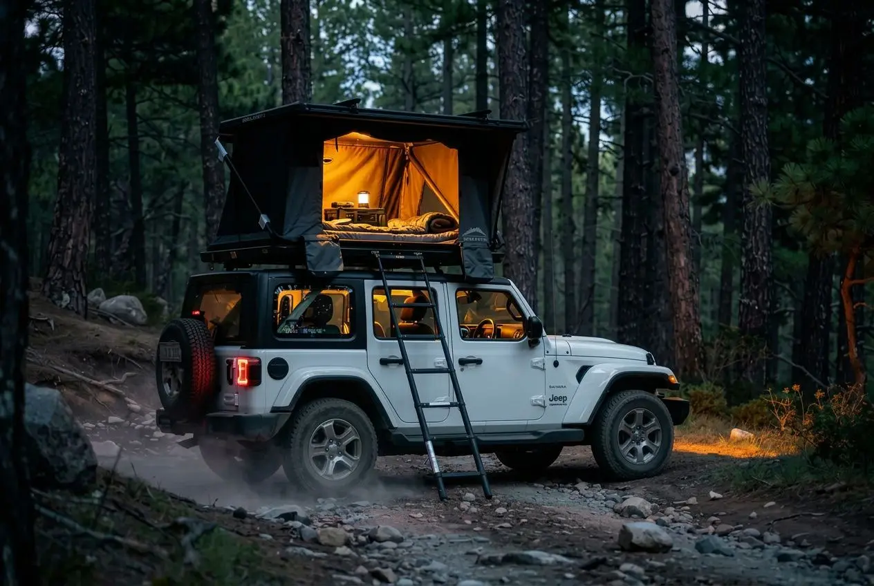 Tente de toit 4x4 installation sur un Jeep blanc en forêt, lit et intérieur éclairé, accès via une échelle pliante.
