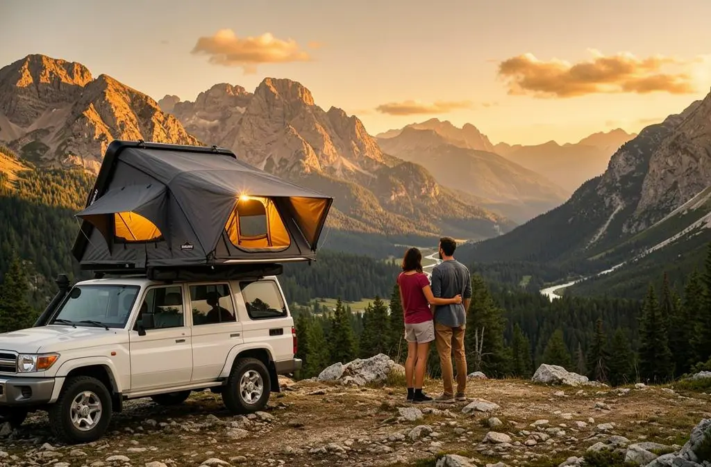 Voiture équipée d’une tente de toit, monté sur le toit, couple admirant le paysage de montagne au coucher du soleil. Voiture compatible avec tente de toit.