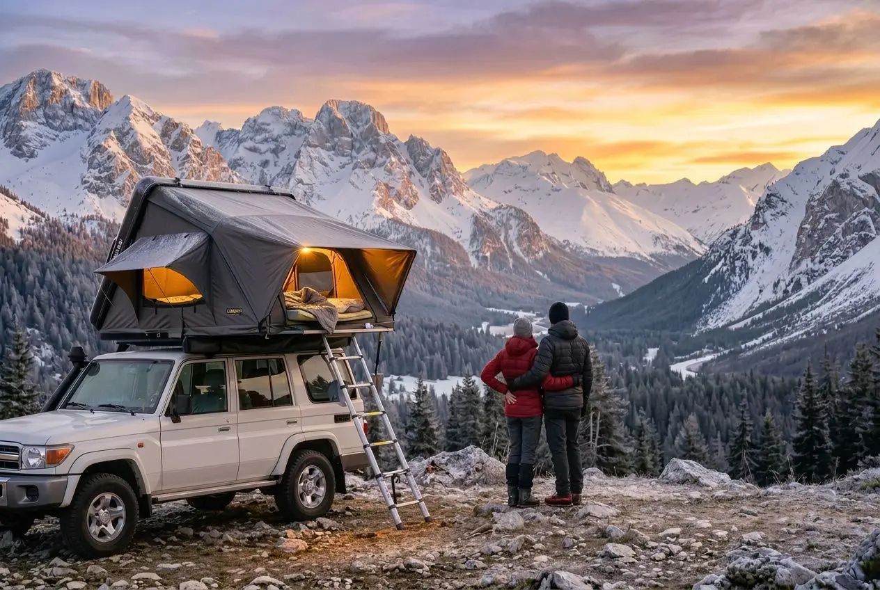 Couple devant une tente de toit montée sur un véhicule en montagne, au coucher du soleil, avec panoramique sur les cimes enneigées. Rendre matelas tente de toit confortable évoqué.