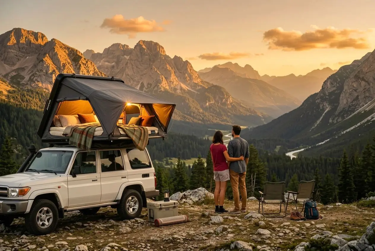 Matelas tente de toit surélevé au-dessus d’un véhicule, camping en montagne au coucher du soleil, couple admirant le paysage avec sièges et matériel de camping autour. Rendre matelas tente de toit confortable pris en compte.
