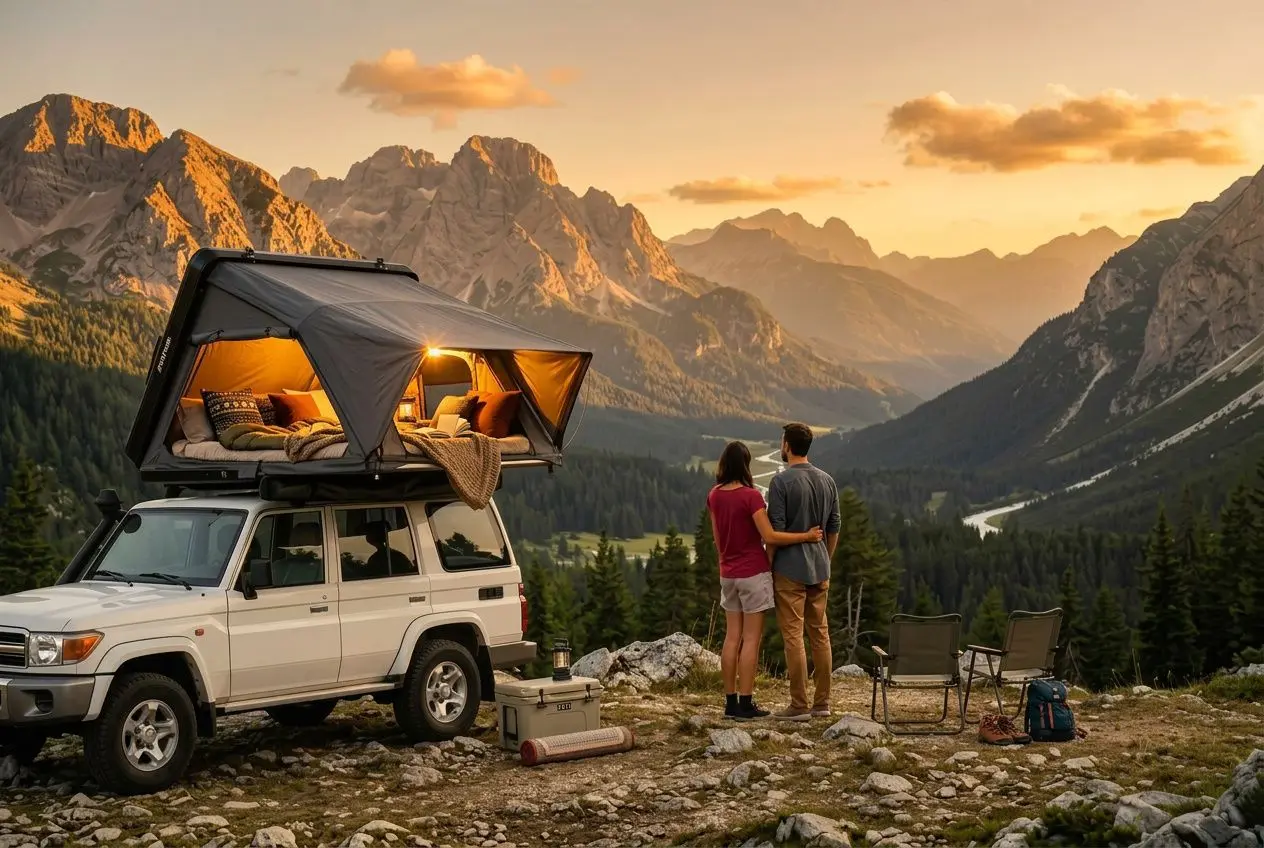 Meilleure tente de toit pour voiture installée sur un SUV en bivouac au coucher du soleil, avec un couple admirant le paysage montagnard.