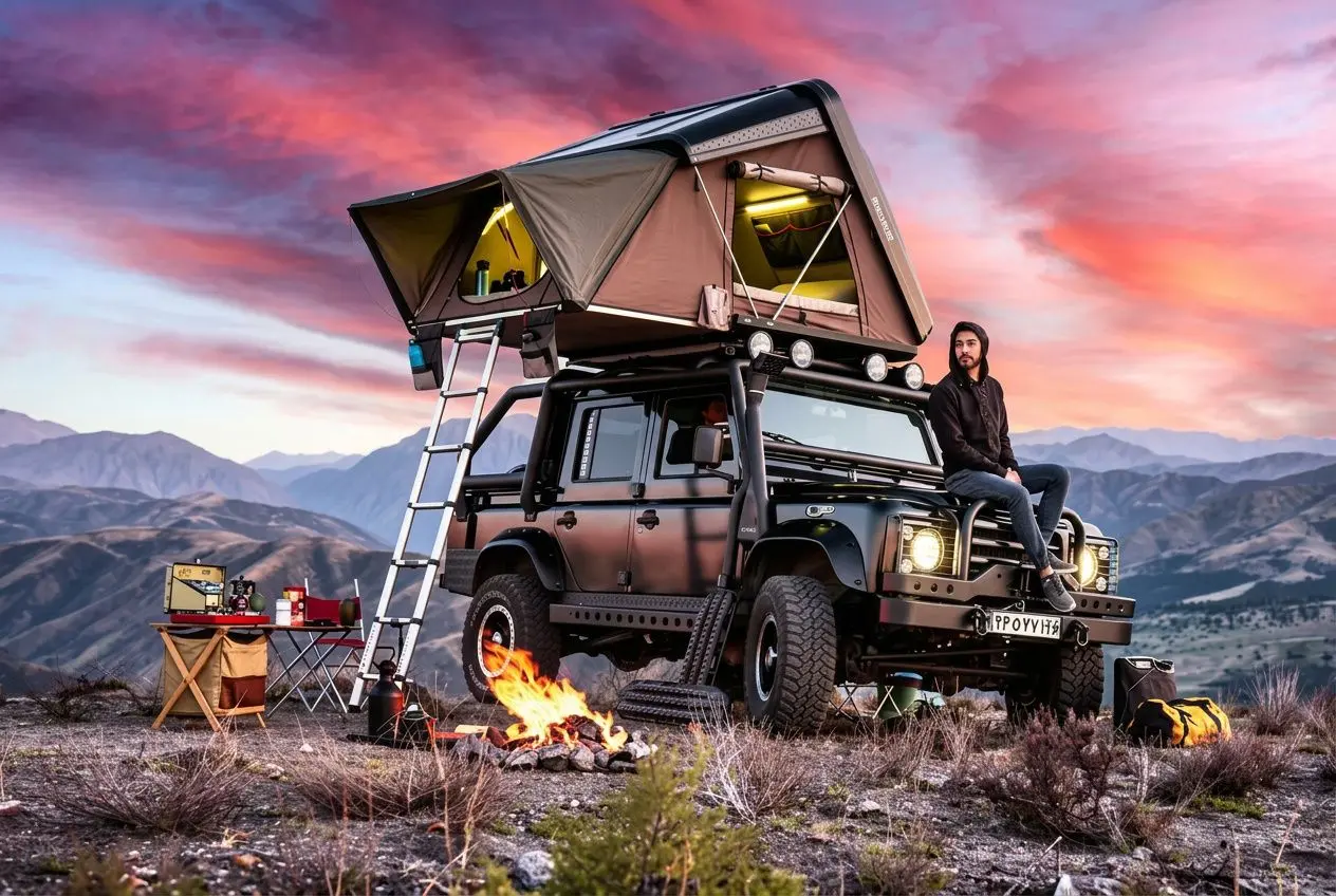 Tente de toit pour 3 personnes installée sur un SUV tout-terrain, avec échelle et auvent ouvert, feu de camp et paysage montagneux au coucher du soleil.
