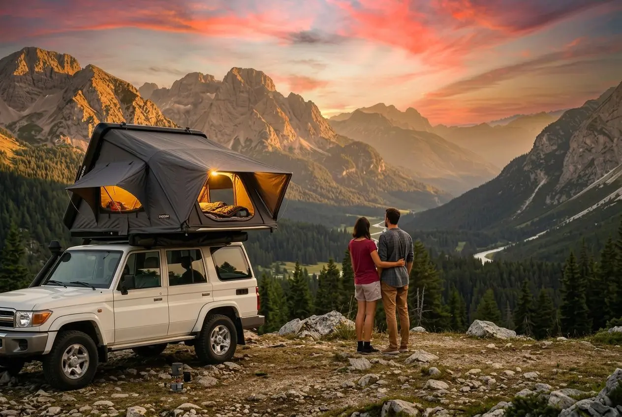 Tente de toit pour 3 personnes monté au-dessus d’un SUV, coucher surélevé, couple regardant le panorama de montagnes au coucher du soleil.