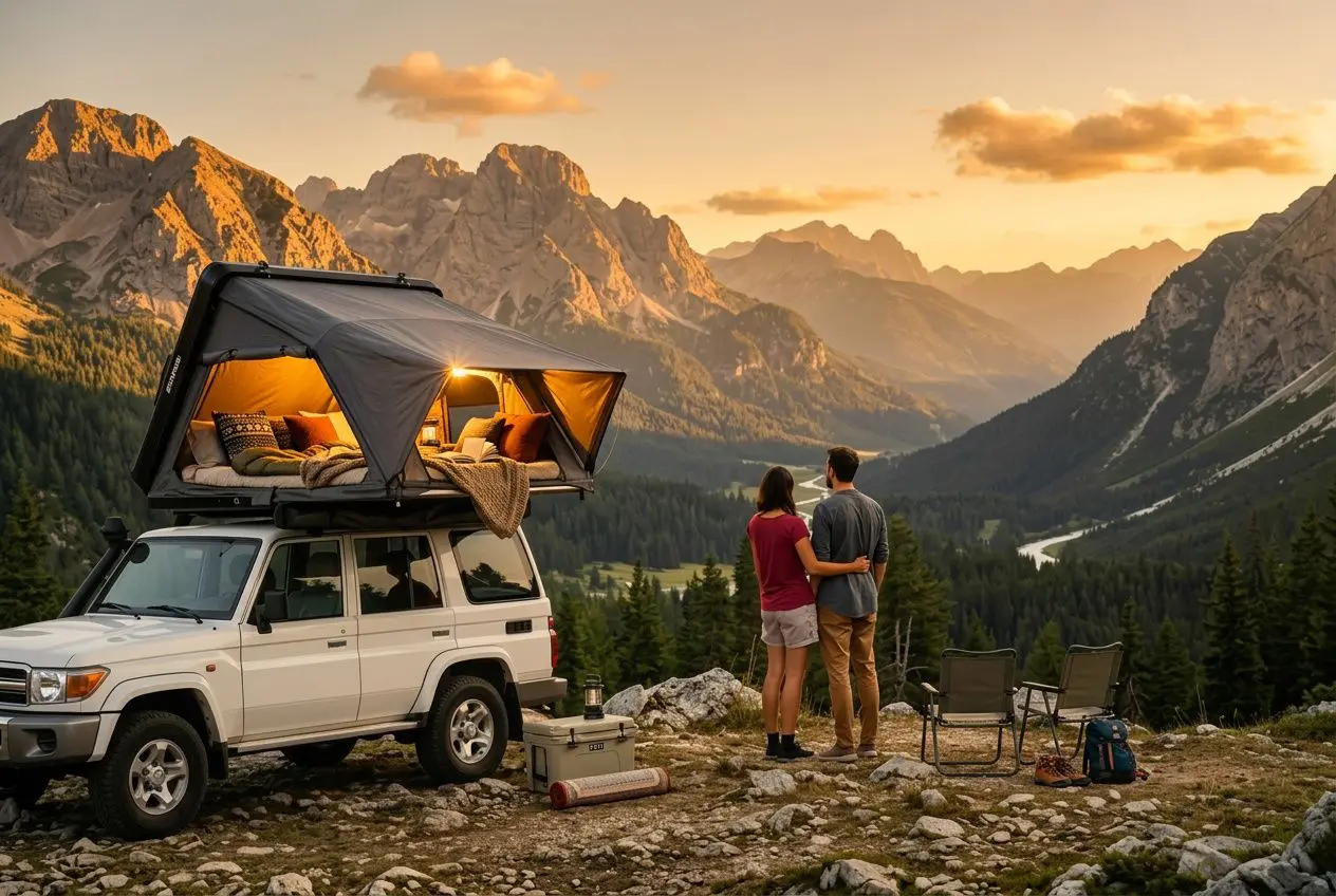 Tente de toit pour 3 personnes montée sur un véhicule, cadre montagneux au coucher du soleil et couple admirant le paysage.